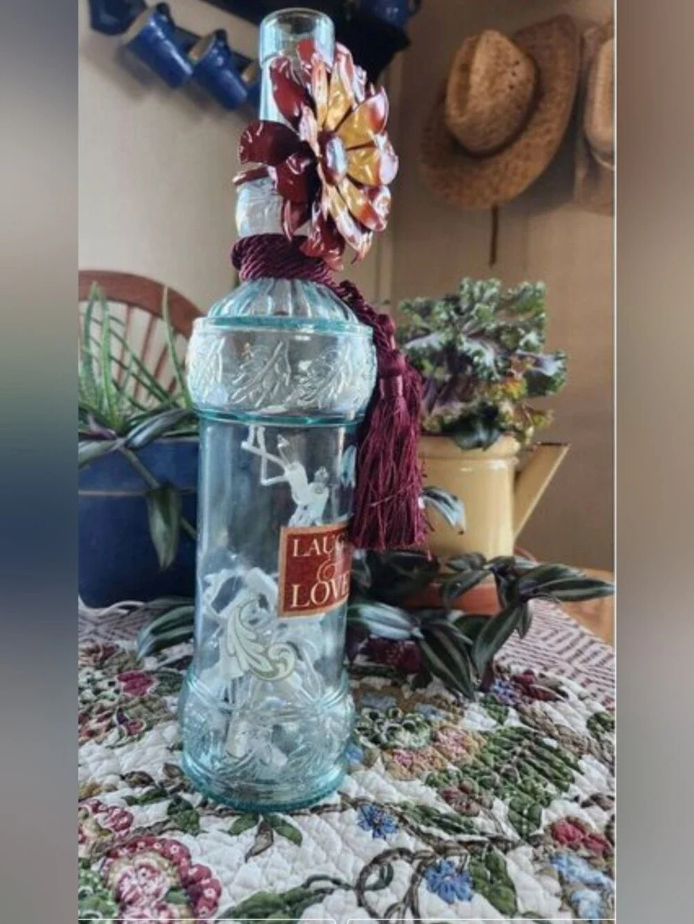 Laugh & Love Decorative Glass Light Jar - Clear w Burgundy Tassel & flower